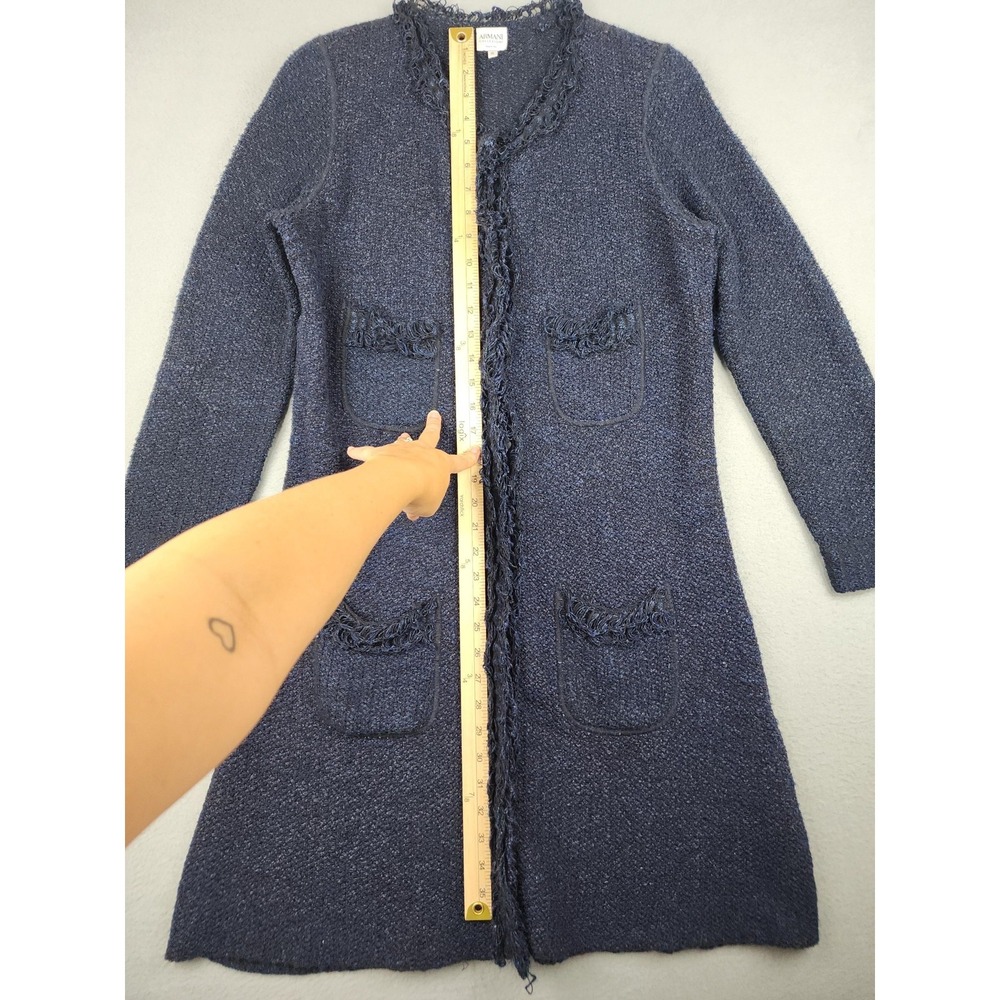 Armani Collezioni Cardigan Sweater Womens 10 Blue Boucle Knit Fringe Pockets - Picture 7 of 9